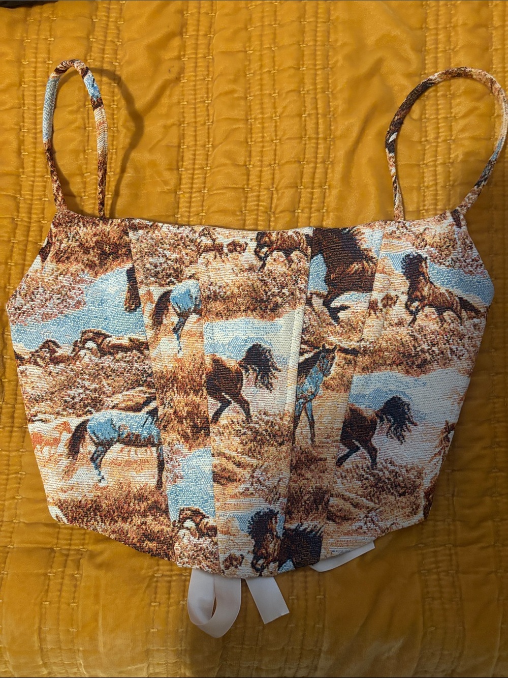 Horse Print Cropped Tank Top in Brown and Blue